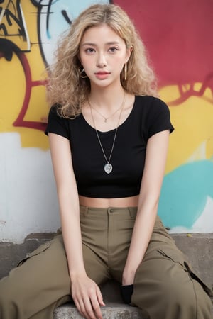 French girl,grey blonde hair(very long hair, curly_hair),hiphop dancer,wearing all black clothes (short sleeves loose fit top and cargo pants),sneakers, sitting at red brick wall(graffiti ),accessories(necklace,ear_rings),Best Quality, 32k, photorealistic, ultra-detailed, finely detailed, high resolution, perfect dynamic composition, beautiful detailed eyes, sharp-focus, cowboy_shot, 