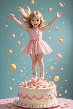 A girl falls onto a cream cake, causing the cream to splatter everywhere. As she lands, an explosion of candies and bubbles fills the air, floating all around her. The scene is whimsical and playful, with colorful sweets and shimmering bubbles creating a magical, dream-like atmosphere.