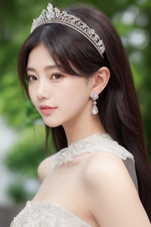 Very beautiful and charming girl, tender smile, silver long hair. She wears a very fancy and chaste princess outfit (Beautiful and elegant princess dress, silver tiara, elengat golden hairpin, beatiful earrings, elegant jewelry). Beautiful skin. Beautitul and detailed eyes. cyan eyes. Her eyes shine, her hair looks nice and shines too. Himecut hairstyle, golden earrings, shining golden hairpin. She's walking in the palace. Sunny day. That feminine beauty is present in her.