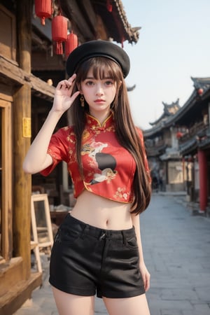 hutaornd, masterpiece, best quality, 1girl, hu tao (genshin impact), boo tao,hat, red eyes, twintails, brown hair, solo, symbol-shaped pupils, long hair,bangs, black shorts , chinese clothes, flat_chest, Standing in a picturesque Chinese village. With a mischievous expression on his face, Hu Tao raises one hand in a gesture of greeting, while with the other hand he makes a playful gesture, as if he is up to something. His mischievous smile and mischievous look reflect his playful and energetic personality. The atmosphere of the Chinese village is reflected in the details of the pagoda roofs and hanging lanterns that decorate the cityscape.
,incredibly absurdres