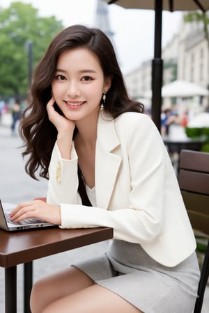 paris,street,outdoor cafe,parasol,table((coffee cups(straw),laptop,book,cellphone)),shoulder bag,
20 yo, 1 girl, beautiful korean girl,happy smile,drinking coffee,sitting(close legs) on the chair,
wearing white tight suit(laced blouse and jacket), tight short skirt,solo, {beautiful and detailed eyes}, dark eyes, calm expression, delicate facial features, ((model pose)), Glamor body type, (dark hair:1.2),hair_past_waist,curly hair,very long hair,simple tiny earrings, flim grain, realhands, masterpiece, Best Quality, 16k, photorealistic, ultra-detailed, finely detailed, high resolution, perfect dynamic composition, beautiful detailed eyes, eye smile, ((nervous and embarrassed)), sharp-focus, full_body, cowboy_shot,