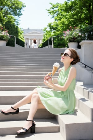 A vibrant, sunny scene of a fashionable young woman delightfully sitting on the iconic steps of a historic staircase. She exudes modern elegance, donning a chic summer dress, sunglasses, and a sleek updo, while savoring a waffle topped with a scoop of ice cream. Adjacent to her, a casual acquaintance is also enjoying an ice cream, as the duo indulges in a spirited conversation. The atmosphere is filled with the vivacity of a warm afternoon, capturing the essence of a perfect summer day.(Emma Watson:0.8),