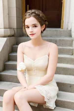 Vibrant sunlight illuminates Emma Watson's radiant complexion as she sits elegantly on the iconic steps, her modern dress and sleek updo exuding chic sophistication. A waffle topped with creamy ice cream rests in her hand, inviting a sweet escape from the lively conversation with her casual acquaintance. Framed by the historic staircase's ornate details, the scene radiates warmth, capturing the essence of a carefree summer afternoon.