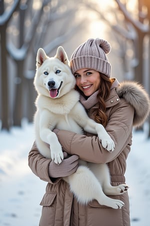 smile,beautiful woman,heavy winter coat,a woolly hat,gloves,holding a snow-white husky,whose fur gleams pristine in the winter sunlight,The woman's demeanor exudes gentleness and affection,a serene winter street,trees lining the sides covered in white snow,warmth and happiness,photo r3alm,Extremely Realistic