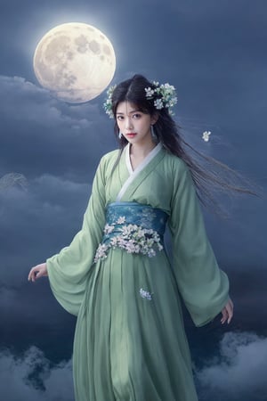 On a mysterious moonlit night, Chang'e wore a light green flowing traditional robe with a translucent veil. She lowered her head slightly, her expression was gentle, and her long hair was flying in the wind. Her hair was studded with delicate silver flowers, adding to her fairy-like air. In the background, the soft glow of a large, bright full moon illuminated her silhouette. Delicate mist and clouds swirl around her like ribbons, adding to the dreamy and mysterious atmosphere. The whole scene exudes a quiet and peaceful atmosphere, as if she appeared from the moon, exuding a beautiful and mysterious atmosphere. She is floating in the air.Her elegant robes billow softly in the air, creating a sense of fluidity and movement.