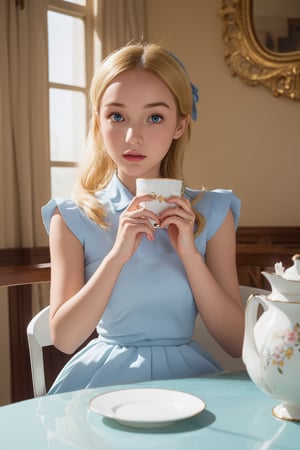 A beautiful, detailed illustration of a young blonde girl with blue eyes wearing a light blue dress with a white apron. She is sitting at a fancy tea table, delicately holding a teacup with both hands. The girl has a thoughtful expression as she sips from the cup. She is adorned with a large blue bow in her hair, and the background features an elegant, golden mirror and ornate decorations, evoking a whimsic, (Emma Watson: 0.8),