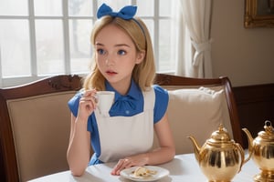 A beautiful, detailed illustration of a young blonde girl with blue eyes wearing a light blue dress with a white apron. She is sitting at a fancy tea table, delicately holding a teacup with both hands. The girl has a thoughtful expression as she sips from the cup. She is adorned with a large blue bow in her hair, and the background features an elegant, golden mirror and ornate decorations, evoking a whimsic, (Emma Watson: 0.8),