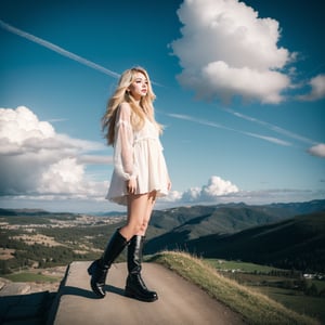 1girl, solo, long hair, blonde hair, boots, sky, day, cloud, scenery