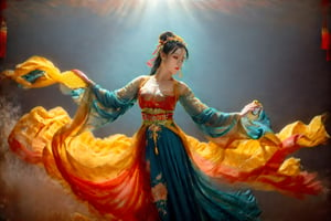 A digital photography captures a stunning girl, adorned from head to toe in an intricately designed costume reminiscent of ancient Chinese Dunhuang murals, featuring vibrant turquoise, gold, and red hues, with floral patterns and delicate details. Her long black hair flows like silk, decorated with ornate accessories, against a dreamy backdrop of softly blurred glowing spheres and abstract elements. As she rotates sideways, her flowing sleeves and hair appear to dance in mid-air, as if frozen in time during a Chinese classical folk dance performance. The dynamic lighting and flowing garments create a sense of movement, adding an otherworldly quality to the ethereal scene.
(Emma Watson:0.8),