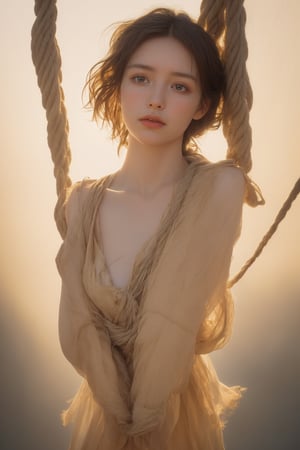 A dramatic overhead shot of a stunning woman, her hands bound by a worn rope, suspended above her head. Soft, golden light casts an eerie glow on the scene. Her face is serene, yet a hint of distress lingers in her eyes. The rope's frayed edges and her tied wrists emphasize her vulnerability as she hangs precariously.