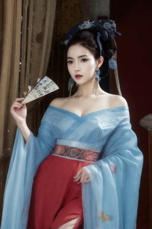 A woman wearing Tang Dynasty costume, holding a fan and wearing a high bun,32k,(Emma Watson: 0.8),,