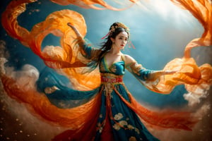 This is a digital photography. A girl, photographed from head to toe, wears an ornate, flowing costume from ancient Chinese Dunhuang murals in bright colors including turquoise, gold and red, embellished with floral patterns and delicate details. The long flowing black hair is decorated with ornate hair accessories, against a background of softly blurred glowing spheres and abstract elements, suggesting a mysterious or dreamy environment. The dynamic light and flow of clothing convey a sense of movement, adding to the ethereal quality of the artwork. The overall ambience is both serene and vivid, and the rich combination of textures and colors is intoxicating. Floating in the air, posing gracefully like a Chinese classical folk dance~~~~The body rotates sideways, causing the sleeves and hair to fly.(Emma Watson:0.8),
