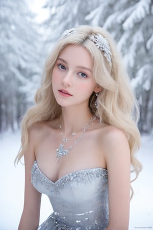 best quality, masterpiece, In the serene beauty of a snowy Russian forest, a girl with very long wavy blonde hair captures the essence of Rococo style with a contemporary twist. Adorned with lavish jewelry that mirrors the crystalline snowflakes around her, she wears the latest fashion trends that pay homage to Russia's rich heritage. The picturesque setting, a testament to Russia's natural splendor, serves as the perfect canvas for her striking appearance, blending timeless elegance with modern flair to create a breathtaking vision of beauty and grace. ultra realistic illustration,siena natural ratio, by Ai Pic 3D, cinematic lighting, ambient lighting, sidelighting, cinematic shot, head to thigh portrait, digital art, ultra hd, realistic, vivid colors, extremely detailed, photography, ultra hd, realistic, vivid colors, highly detailed, UHD, perfect composition, beautiful detailed intricate insanely detailed octane render trending on artstation, 8k artistic photography, photorealistic concept art, soft natural volumetric cinematic perfect light.(Emma Watson:0.8),1 girl,beaded flower decoration,future0603,blue flower dress,milokk,ruanyi0214,see-through