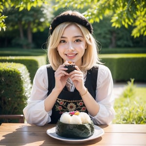 1girl, Beautiful young woman, blonde, smiling, (in beautiful Ukrainian national costume embroidery ornament white, black), sunny day, botanical garden, realistic, eating cake,onigiri