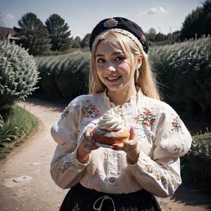 1girl, Beautiful young woman, blonde, smiling, (in beautiful Ukrainian national costume embroidery ornament white, black), sunny day, botanical garden, realistic, eating cake,onigiri,SemlaStyle
