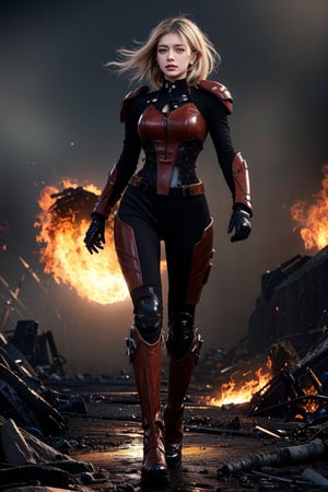 Captured in mid-stride, a lone figure emerges from the smoldering ruins: a slender young female cyborg with piercing blue eyes and striking white hair, clad in a futuristic black and red battle suit. The desolate alien battlefield stretches behind her, littered with twisted metal and shattered debris. Her gaze is fixed ahead, eyes blazing with determination as she surveys the devastation.,ghostrider