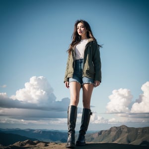 1girl, solo, long hair, blonde hair, boots, sky, day, cloud, scenery