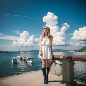 1girl, solo, long hair, blonde hair, boots, sky, day, cloud, scenery