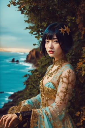 a sorceress, cyan hair, long gold and white dress ocean cliff, detailed face, vines, stars, ((surrealism)), (abstract), intricately detailed gothic art triadic colors, fantastical, splash screen, fantasy high magic concept art, 8k resolution, (gothic masterpiece), oil painting, heavy strokes, HW*,short hair bang,hair bangs are above the eyebrows,no bang,classic painting