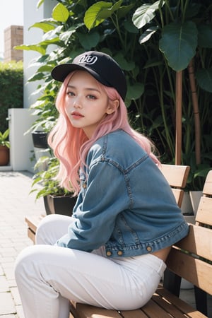 A young girl sits comfortably in a outdoor setting, her long pink hair cascading down her back. She wears a denim jacket over blue pants and a pair of white sneakers, with a hat and bag nearby. Her eyes are closed as she smiles peacefully, surrounded by lush greenery and a potted plant at her side. The wide shot captures the serene atmosphere and her carefree demeanor.
