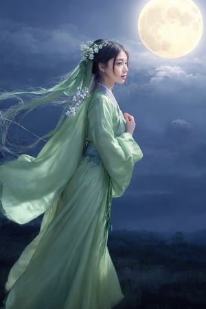 On a mysterious moonlit night, Chang'e wore a light green flowing traditional robe with a translucent veil. She lowered her head slightly, her expression was gentle, and her long hair was flying in the wind. Her hair was studded with delicate silver flowers, adding to her fairy-like air. In the background, the soft glow of a large, bright full moon illuminated her silhouette. Delicate mist and clouds swirl around her like ribbons, adding to the dreamy and mysterious atmosphere. The whole scene exudes a quiet and peaceful atmosphere, as if she appeared from the moon, exuding a beautiful and mysterious atmosphere. She is floating in the air.Her elegant robes billow softly in the air, creating a sense of fluidity and movement.