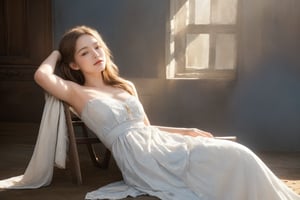 A serene tableau unfolds: the weathered gray-blue wall serves as a stoic backdrop, half-illuminated by warm sunlight that casts a gentle glow. A chair sits askew on the ground, occupied by a stunning woman clad in a flowing white dress. She reclines effortlessly, her body language exuding a sense of confusion and relaxation as she basks in the sun's radiant beams. The entire scene is bathed in a soft, golden light, with the subject's gentle pose and the chair's rustic texture harmonizing in perfect sync.