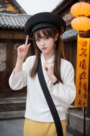 hutaornd, masterpiece, best quality, 1girl, hu tao (genshin impact), boo tao,hat, red eyes, twintails, brown hair, solo, symbol-shaped pupils, long hair,bangs, black shorts , chinese clothes, flat_chest, Standing in a picturesque Chinese village. With a mischievous expression on his face, Hu Tao raises one hand in a gesture of greeting, while with the other hand he makes a playful gesture, as if he is up to something. His mischievous smile and mischievous look reflect his playful and energetic personality. The atmosphere of the Chinese village is reflected in the details of the pagoda roofs and hanging lanterns that decorate the cityscape.
,incredibly absurdres