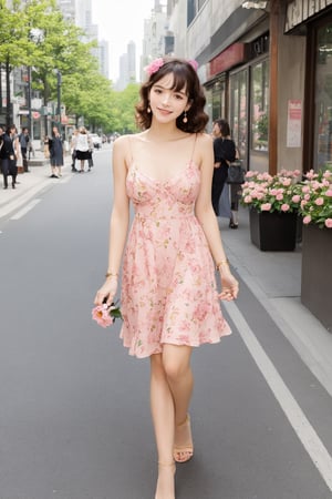 A beautiful woman has golden pink shoulder-length curly hair, a floral dress with spaghetti straps, high-heeled sandals, gemstone earrings, and a bracelet. She is holding a peony flower in her hand and walking happily on the lively street. 3-point perspective composition.(Emma Watson:0.8),MizarFeet,