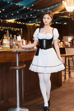 4k resolution, most beautiful korean girl, Korean beauty model, idol face, gorgeous girl, over sized eyes, (20 years old), (false eyelashes:1.4), ear, long brown hair styled in an updo with loose tendrils, happy and radiant smile, wearing a traditional Bavarian dirndl dress with a floral corset and apron, white stockings and black leather shoes with decorative buckles. Set in a vibrant Oktoberfest beer tent, she holds a large beer mug filled to the brim with frothy golden beer, other mugs also overflowing with beer on the wooden table in front of her. The festive environment includes colorful streamers and traditional decorations hanging from the ceiling, with midday sunlight streaming in, casting a warm, cheerful glow. The scene captures the joyous crowd and the atmosphere of celebration, wide-angle lens to emphasize the open space filled with revelers, high-end photography equipment."