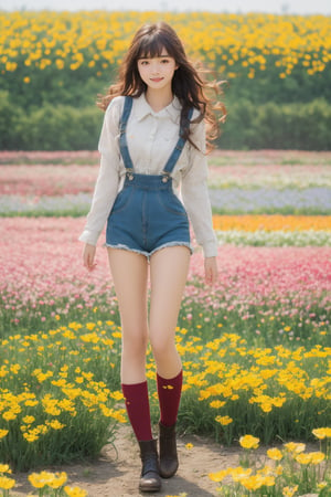 background is flower field,grass field,horizon,wind blowing,petals blowing,16 yo, 1 girl, beautiful girl,smile,
wearing denim overalls skirt,long socks,standing on flower field,holding buquet, cowboy shot,very_long_hair, hair past hip, bangs, curly hair, realhands, masterpiece, Best Quality, 16k, photorealistic, ultra-detailed, finely detailed, high resolution, perfect dynamic composition, beautiful detailed eyes, ((nervous and embarrassed)), sharp-focus, full body shot,pink flower,flower