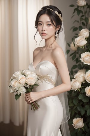 A stunning Asian woman stands radiant in a strapless wedding gown, its whiteness illuminated by soft, golden light. She cradles a bouquet of pure white roses, their delicate petals framing her porcelain skin. Her dark hair cascades down her shoulders, a waterfall of silk and mystery. The blurred backdrop creates a striking contrast with the dress's brilliance, drawing attention to the subject's ethereal beauty.