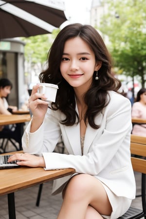 paris,street,outdoor cafe,parasol,table((coffee cups(straw),laptop,book,cellphone)),shoulder bag,
20 yo, 1 girl, beautiful korean girl,happy smile,drinking coffee,sitting(close legs) on the chair,
wearing white tight suit(laced blouse and jacket), tight short skirt,solo, {beautiful and detailed eyes}, dark eyes, calm expression, delicate facial features, ((model pose)), Glamor body type, (dark hair:1.2),hair_past_waist,curly hair,very long hair,simple tiny earrings, flim grain, realhands, masterpiece, Best Quality, 16k, photorealistic, ultra-detailed, finely detailed, high resolution, perfect dynamic composition, beautiful detailed eyes, eye smile, ((nervous and embarrassed)), sharp-focus, full_body, cowboy_shot,(Emma Watson:0.8),