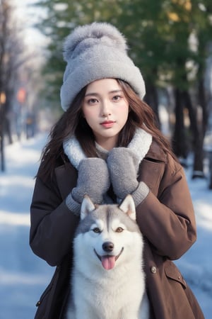 smile,beautiful woman,heavy winter coat,a woolly hat,gloves,holding a snow-white husky,whose fur gleams pristine in the winter sunlight,The woman's demeanor exudes gentleness and affection,a serene winter street,trees lining the sides covered in white snow,warmth and happiness,photo r3alm,Extremely Realistic