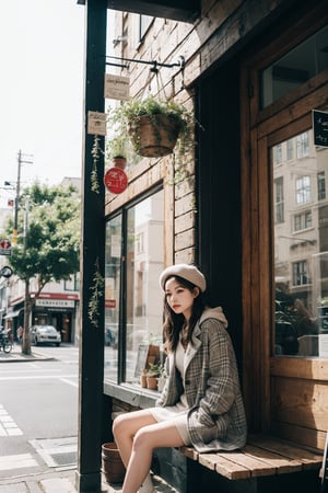 A young woman, wrapped in a cozy plaid coat and beret, sits peacefully on worn wooden steps leading up to 'Crema', a rustic storefront lush with greenery. Softly lit by natural light, she gazes serenely into the distance. The charming mix of modern and traditional elements - wooden frames, fabric awning, and potted plants - creates a tranquil atmosphere. A white 'OPEN' sign on the left beckons, as the warm glow of sunlight infuses the scene with inviting tranquility.