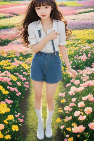 background is flower field,grass field,horizon,wind blowing,petals blowing,16 yo, 1 girl, beautiful girl,smile,
wearing denim overalls skirt,long socks,standing on flower field,holding buquet, cowboy shot,very_long_hair, hair past hip, bangs, curly hair, realhands, masterpiece, Best Quality, 16k, photorealistic, ultra-detailed, finely detailed, high resolution, perfect dynamic composition, beautiful detailed eyes, ((nervous and embarrassed)), sharp-focus, full body shot,pink flower,flower