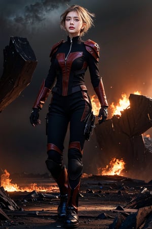 Captured in mid-stride, a lone figure emerges from the smoldering ruins: a slender young female cyborg with piercing blue eyes and striking white hair, clad in a futuristic black and red battle suit. The desolate alien battlefield stretches behind her, littered with twisted metal and shattered debris. Her gaze is fixed ahead, eyes blazing with determination as she surveys the devastation.,ghostrider