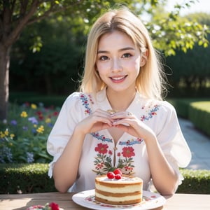 1girl, Beautiful young woman, blonde, smiling, (in beautiful Ukrainian national costume embroidery ornament white, black), sunny day, botanical garden, realistic, eating cake,