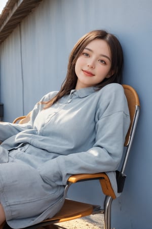 Half of the mottled gray-blue wall is illuminated by the sun. On the side that is illuminated by the sun, there is a chair on the ground. On the chair, there is a beautiful woman basking in the sun with a confused and relaxed expression.