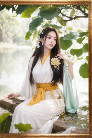 A beautiful woman in a white Hanfu dress sits on a lotus leaf, her flowing skirt and delicate face framed by hair cascading down to her waist. She is surrounded by large green leaves, against a soft yellow background, with gentle lighting creating a dreamy atmosphere. The photograph uses a wide-angle lens, presenting an elegant posture in the style of ancient Chinese art.