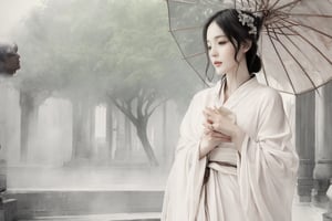A serene Taiwanese classical beauty stands majestically outside the palace gates, her slender figure clad in flowing silk robes, as she grasps a delicate umbrella with one hand. Soft mist veils the surroundings, casting an air of mystery and romance amidst the ancient architecture. The 8K high-definition image captures the subtle play of light on her porcelain skin, as she gazes out into the distance, lost in thought. (Emma Watson:0.8),