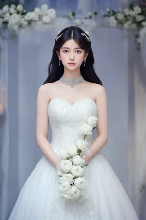 A stunning young Asian woman stands majestically in a strapless white wedding gown, neck adorned with delicate jewels and ears sparkling with subtle earrings. Her raven locks cascade down her shoulders, harmonizing with the bouquet of pristine white roses she cradles in her hands. Framed from a high angle, her figure is silhouetted against a blurred backdrop, creating a striking visual dichotomy between her radiant whiteness and the muted surroundings.