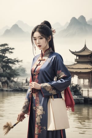  The heroine of the Chinese costume drama "Mo Yu Yun Jian" holds a landscape painting, unfolds the scroll, and watches