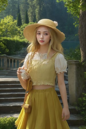 masterpiece,illustration,ray tracing,finely detailed,best detailed,Clear picture,intricate details,highlight,
anime,
gothic architecture,
looking at viewer,

nature,gothic architecture,bird,the lakeside in the heart of the forest,the staircase of the balcony,

NikkeRei,
1girl,loli,baby,long hair,hat,light blonde hair,
yellow bow,yellow bag,skirt,upper body,
NikkePenguin,Penguin,