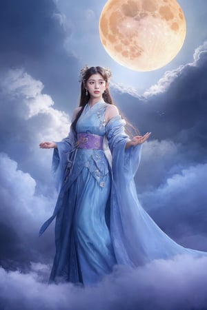 A beautiful and ethereal depiction of the Chinese moon goddess Chang'e, dressed in flowing traditional garments, standing gracefully under a glowing full moon. Her elegant robes billow softly in the air, creating a sense of fluidity and movement. The moon, large and luminous, serves as the background, while delicate clouds swirl around her. The atmosphere is mystical and serene, with cool, soft tones and intricate details in the textures of her attire. The scene exudes a tranquil and otherworldly beauty, capturing the essence of the moon goddess in a dreamlike setting.