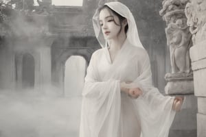 A serene Taiwanese classical beauty stands majestically outside the palace gates, her slender figure clad in flowing silk robes, as she grasps a delicate umbrella with one hand. Soft mist veils the surroundings, casting an air of mystery and romance amidst the ancient architecture. The 8K high-definition image captures the subtle play of light on her porcelain skin, as she gazes out into the distance, lost in thought. (Emma Watson:0.8),Illustration