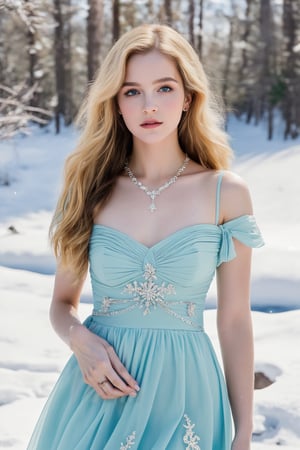 best quality, masterpiece, In the serene beauty of a snowy Russian forest, a girl with very long wavy blonde hair captures the essence of Rococo style with a contemporary twist. Adorned with lavish jewelry that mirrors the crystalline snowflakes around her, she wears the latest fashion trends that pay homage to Russia's rich heritage. The picturesque setting, a testament to Russia's natural splendor, serves as the perfect canvas for her striking appearance, blending timeless elegance with modern flair to create a breathtaking vision of beauty and grace. ultra realistic illustration,siena natural ratio, by Ai Pic 3D, cinematic lighting, ambient lighting, sidelighting, cinematic shot, head to thigh portrait, digital art, ultra hd, realistic, vivid colors, extremely detailed, photography, ultra hd, realistic, vivid colors, highly detailed, UHD, perfect composition, beautiful detailed intricate insanely detailed octane render trending on artstation, 8k artistic photography, photorealistic concept art, soft natural volumetric cinematic perfect light.(Emma Watson:0.8),1 girl,beaded flower decoration,future0603,blue flower dress