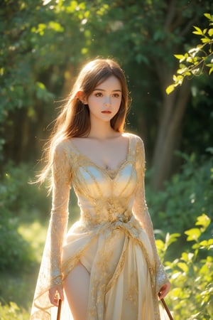  In the ruins of a mottled ancient forest, an elf princess stood tall, her staff raised high, beams of warm sunlight filtered through the woods, casting a golden halo around her noble body. Her revealing, glamorous clothes shimmer in the soft light, while lush foliage and vines surround her, creating a lush environment. The camera captures a clear focus on the princess's face, looking out at the viewer. The rule of thirds composition places her at the intersection of two diagonals. Shot during golden hour, the scene exudes an ethereal mood, inviting the viewer to step into this mysterious realm ,AIDA_LoRA_AnC,(Emma Watson:0.8),