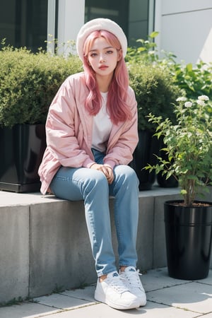 1girl, solo, long hair, smile, hat, sitting, jacket, closed eyes, pink hair, outdoors, pants, bag, white footwear, plant, denim, blue headwear, jeans, blue pants, potted plant, wide shot