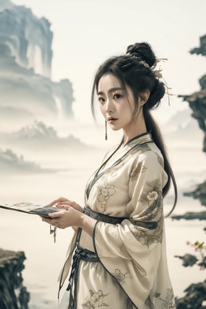  The heroine of the Chinese costume drama "Mo Yu Yun Jian" holds a landscape painting, unfolds the scroll, and watches