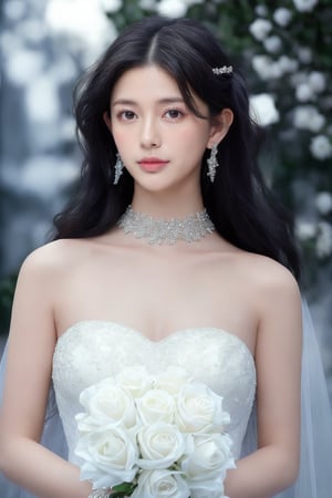 A stunning young Asian woman stands majestically in a strapless white wedding gown, neck adorned with delicate jewels and ears sparkling with subtle earrings. Her raven locks cascade down her shoulders, harmonizing with the bouquet of pristine white roses she cradles in her hands. Framed from a high angle, her figure is silhouetted against a blurred backdrop, creating a striking visual dichotomy between her radiant whiteness and the muted surroundings.